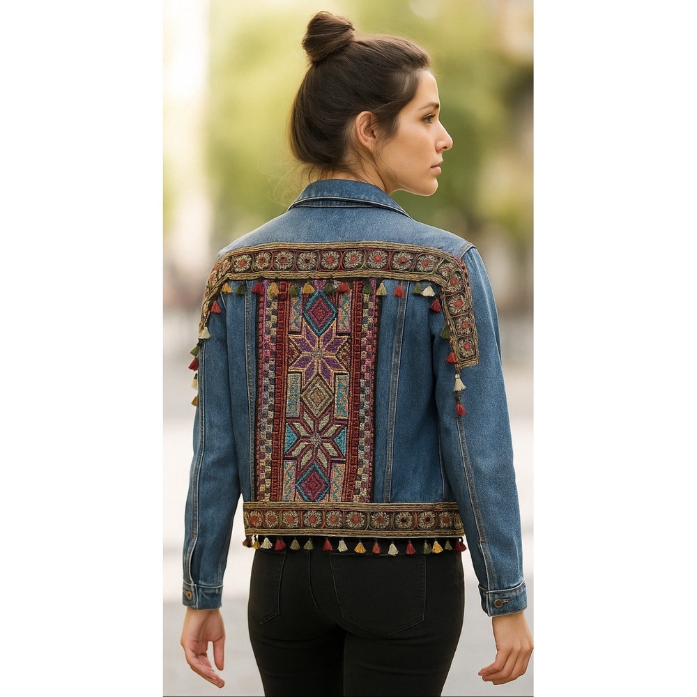 Velzera Womens Embroidered Fringed Denim Jacket Boho Festival Artsy Western L